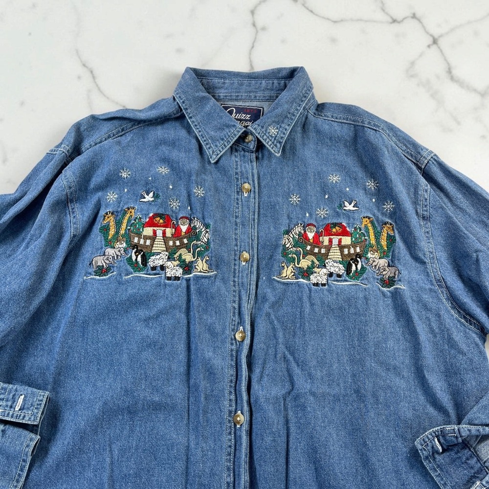 Vintage 90s Quizzical Denim Shirt L Blue Christmas Noahs Ark Festive Grandmacore - Picture 4 of 14